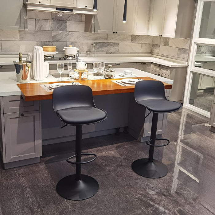 Black Bar Stools Set of 2 Adjustable Counter Height Barstools Modern PU Leather Swivel Tall Bar Chairs Upholstered Bar Stool with Back for Kitchen Island