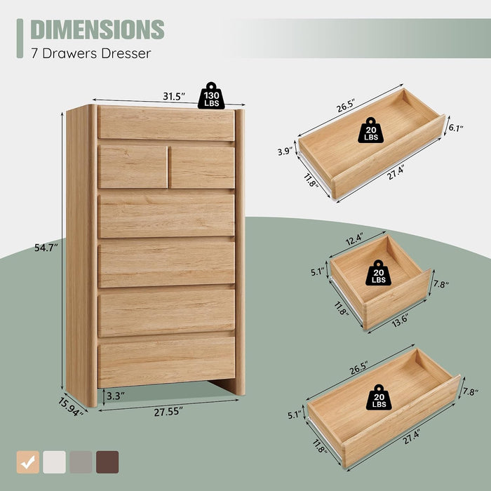Modern 7 Drawers Dresser for Bedroom, 54.7" Tall Dresser-Natural