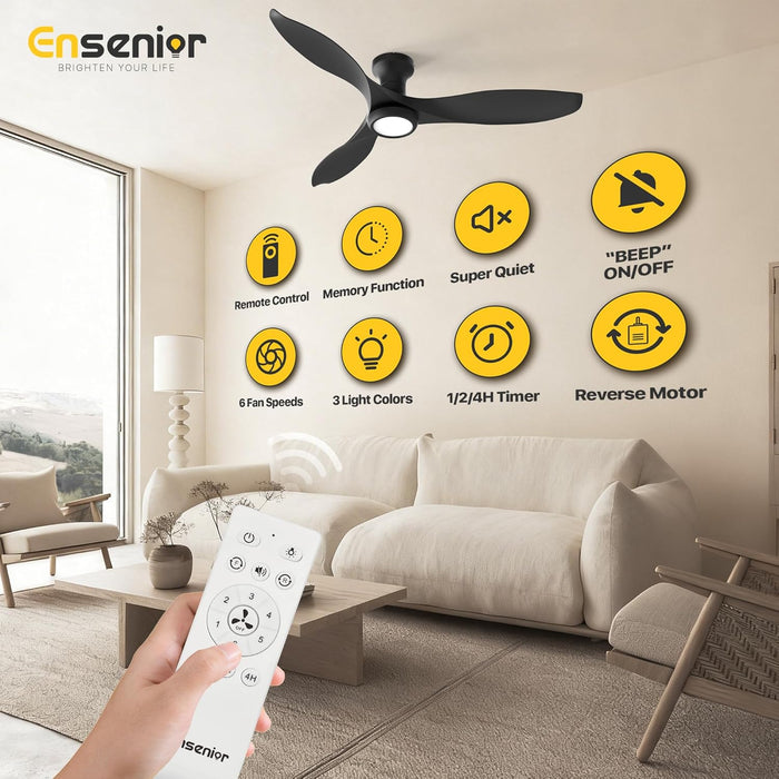 52 Inch Flush Mount Ceiling Fan with Light and Remote, Black Low Profile Ceiling Fans with Lights for Bedroom Living Room, 3 ABS Blades, Modern Quiet Reversible DC Motor, 3CCT, 6 Speeds