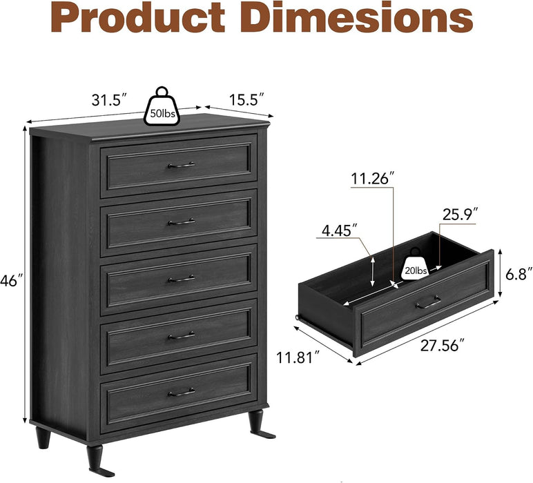 5 Drawer Dresser for Bedroom, 31.5" Wide Modern Closet Chest of Drawers with Metal Handles,Wood Nightstand Storage Organizer for Living Room, Hallway, Grey