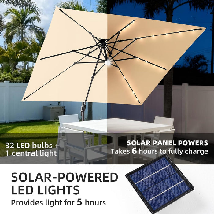9X9 FT Cantilever Offset Patio Umbrella with Lights & Base