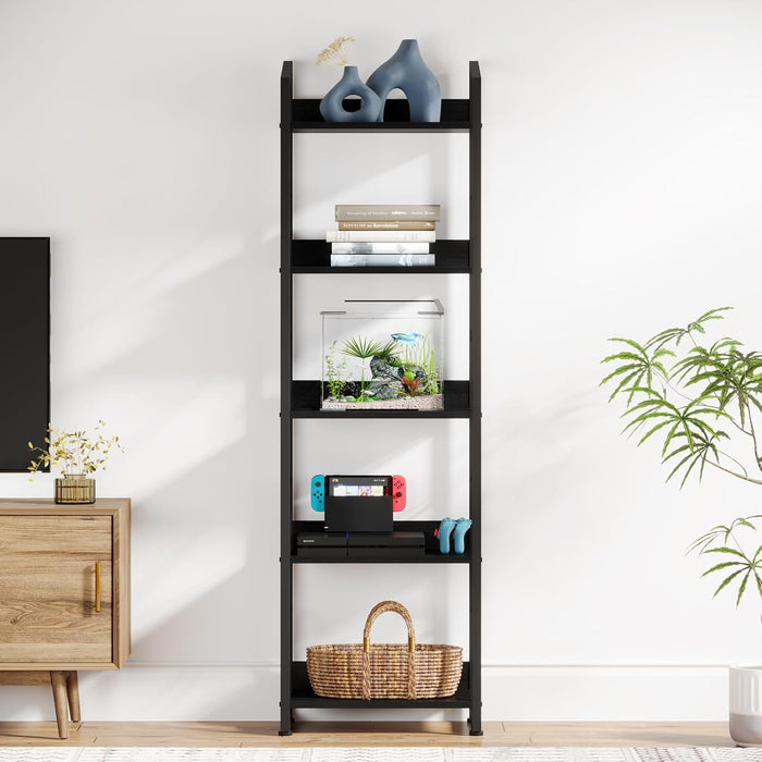 5 Tier Narrow Bookshelf: Tall Bookcase Shelf with Edge Protection, Industrial Modern Bookshelves for Bedroom Living Room Home Office (Black)