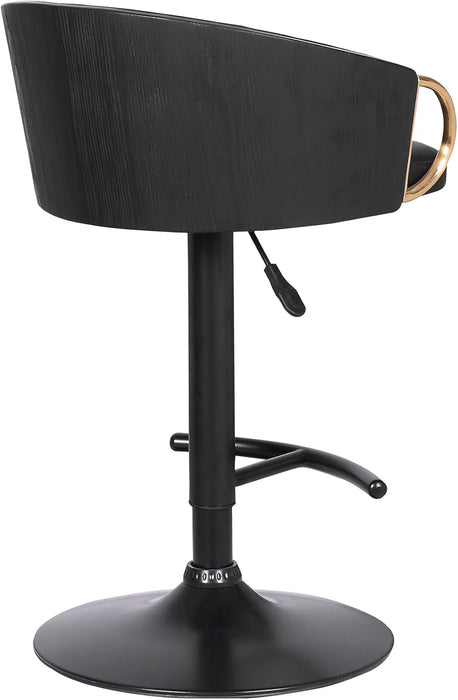 Solstice Adjustable Black Faux Leather Swivel Barstool with Black Powder Coated Finish and Gold Accents
