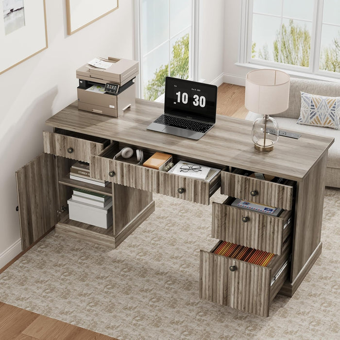 Fluted Home Office Desk Storage, 60" Modern Executive Desk with Charging Station, Wooden Computer Writing Desk with File Cabinet & Drawers for Study, Living Room, Bedroom