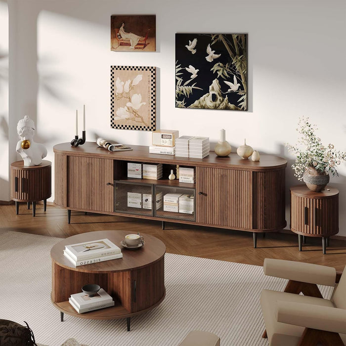 4-Piece Luxury Living Room Table Set, Includes 70" Fluted TV Stand, Fluted Coffee Table and Fluted Nightstand Set of 2 with Storage Drawers, Brown