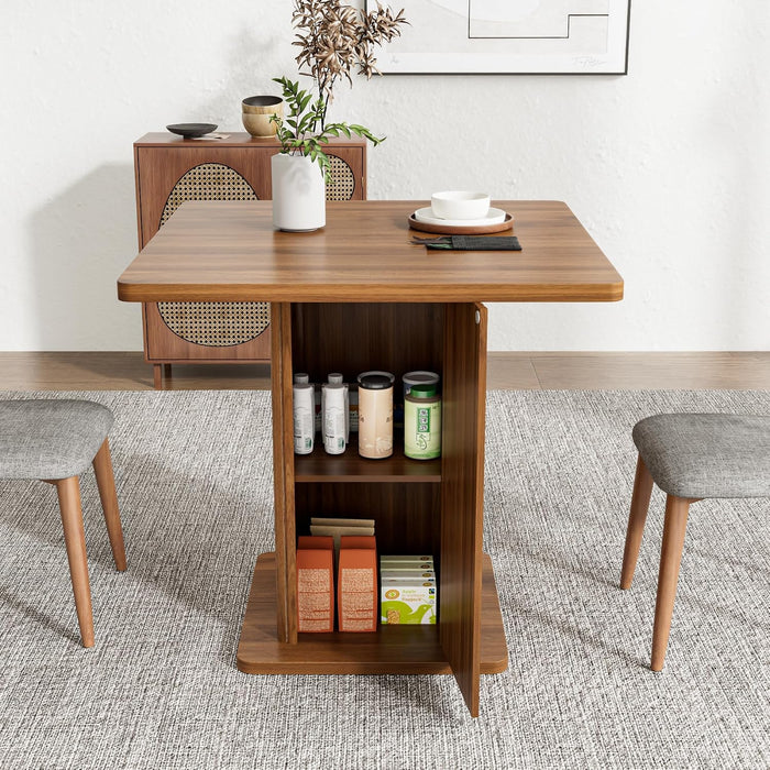 Small Square Dining Table for 2-4, 31.5 Inch Farmhouse Kitchen Table with 2-Tier Storage Shelf, Modern Wood Dinner Furniture with Fluted Doors, Dining Room, Living Room, Space Saving, Walnut
