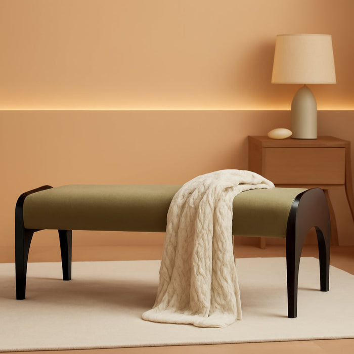 Modern 51" Wide Ottoman Bench, Long Entryway Bedroom Bench with Solid Wood Legs and Linen Upholstered Dining Bench Storage Bench for Living Room Indoor, Kitchen, Green