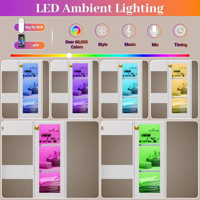 Makeup Vanity with Mirror and Lights, 34''W Dressing Table with Charging Station & RGB Glass Cabinet, Small Vanity Desk with 3 Color Lighting Modes & Adjustable Brightness