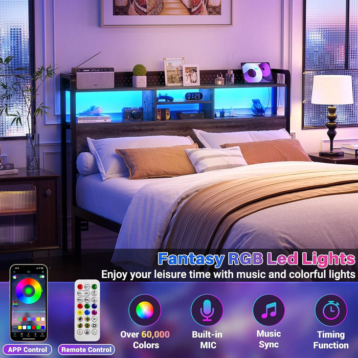 Headboard for Queen Size Bed with Storage Shelf, Head Board with 3 Outlets and 2 USB Ports, Headboards with RGB LED Light, Height Adjustable, Sturdy and Stable, Easy Assembly, Black Oak