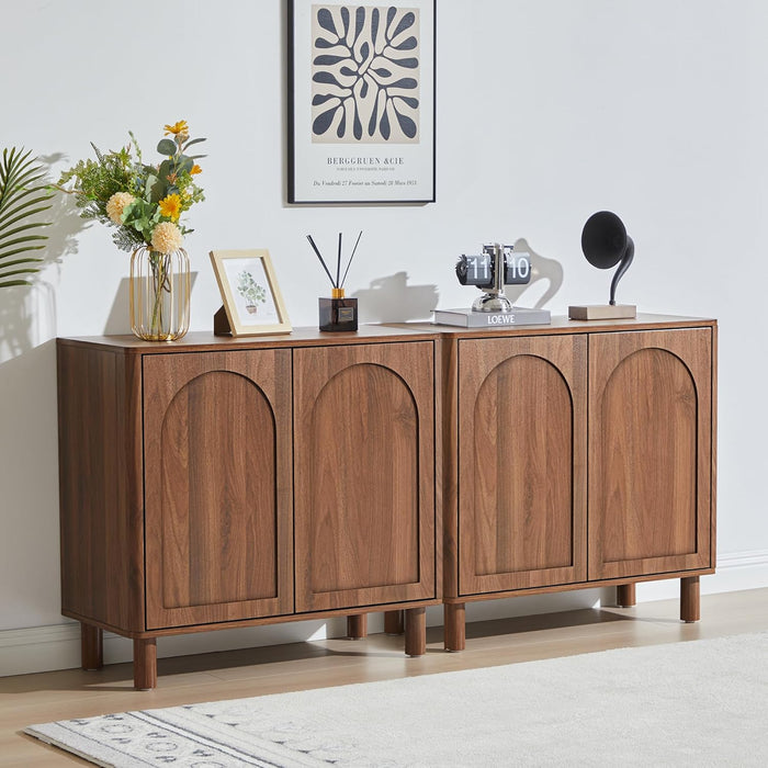 Modern Sideboard Buffet Cabinet with Arched Finish Doors, Kitchen Storage Cabinet with Solid Wood Legs, Accent Console Table for Dining Room Living Room (Walnut)