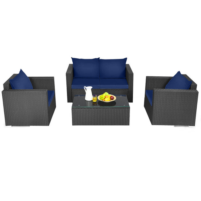 4 Pieces Patio Rattan Conversation Set with Padded Cushions