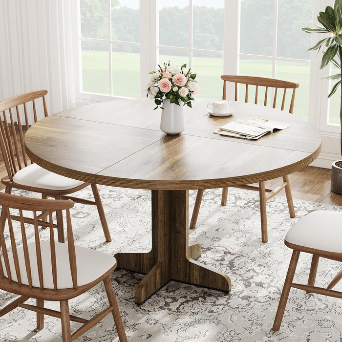 round Dining Table for 4, 47 in Farmhouse Circle Kitchen Table with Wood Tabletop and Stable Base, for Home Dining Room Living Room, Brown (Only Table)