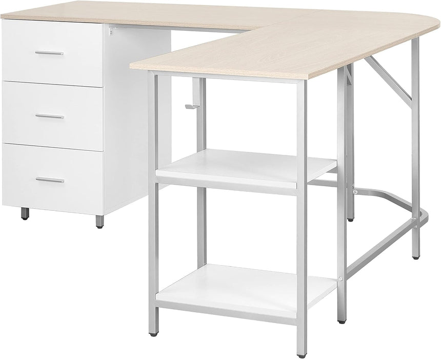 L Shaped Desk - Two-Toned Computer Desk with Drawers & Storage Shelves - Simple Modern Furniture & Home Office Space Corner Table for Work & Writing