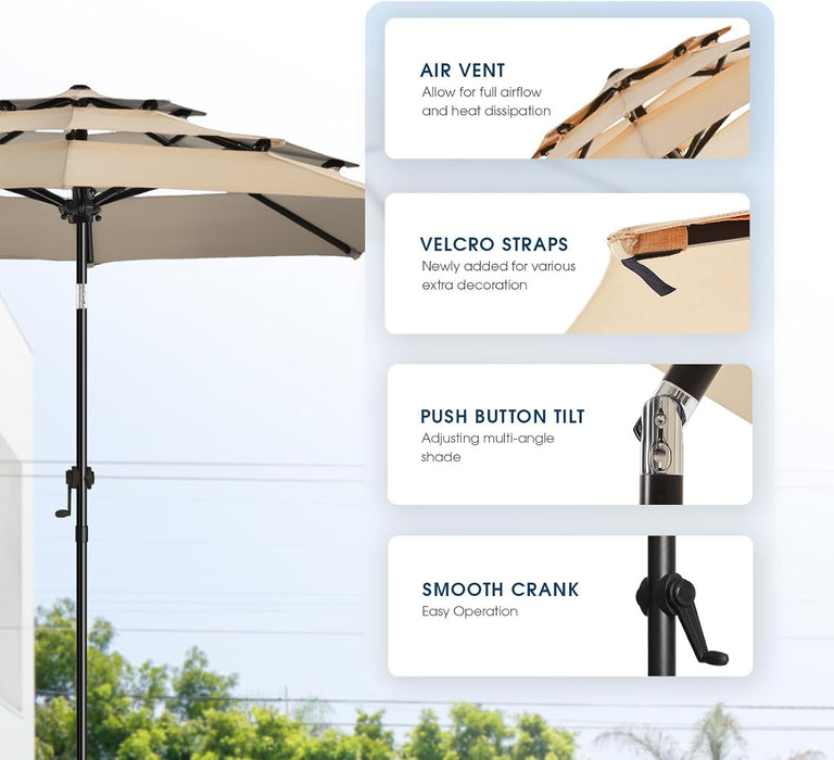 9Ft 3-Tier Patio Umbrella Outdoor Table Market Umbrella for Patio with Push Button Tilt/Crank, Fade Resistant Waterproof POLYESTER Canopy for Garden, Lawn, Deck, Backyard & Pool, Beige
