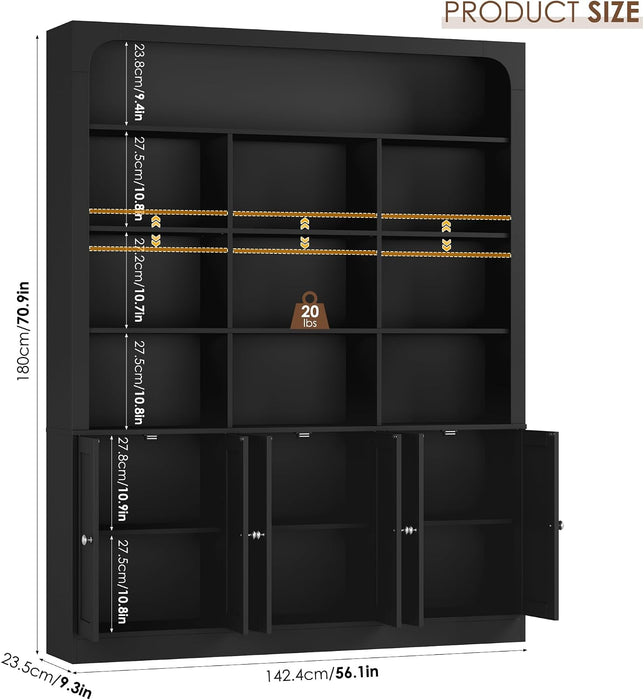 70.9" Bookcase Tall Bookshelf with Doors, Triple Wide Bookshelves