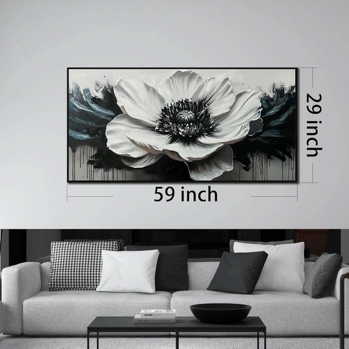 Flower Canvas Art Wall Decor for Living Room - Black and White Hand Painted Painting for Bedroom - Large Picture Frames for Wall Size 29" X 59"