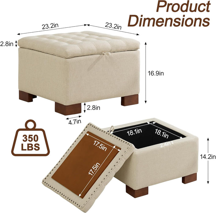 24" Fabric Square Storage Ottoman with Wooden Tray, Modern Tufted Button Footstool Coffee Table, Upholstered Small Ottoman for Living Room, Bedroom, Khaki