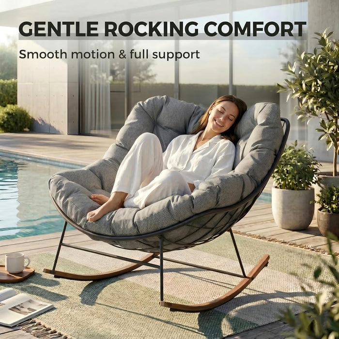 Outdoor Papasan Rocking Chair with Thick Cushion, Light Grey