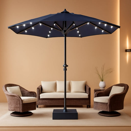 15FT Patio Umbrella with Solar Lights, Double Sided Outdoor Table Umbrellas with Crank, Large Rectangular Market Umbrella for Porch, Lawn, Pool, Backyard, Navy