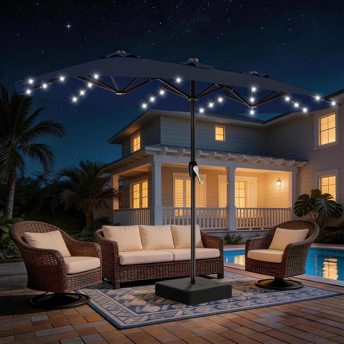 15FT Patio Umbrella with Solar Lights, Double Sided Outdoor Table Umbrellas with Crank, Large Rectangular Market Umbrella for Porch, Lawn, Pool, Backyard, Navy