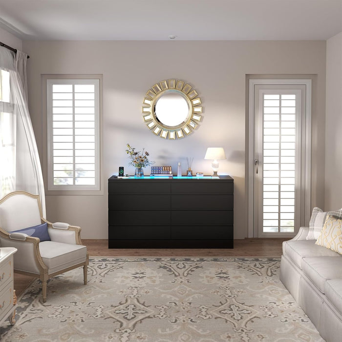 White Eight Drawer Dresser Featuring Electrical Outlet