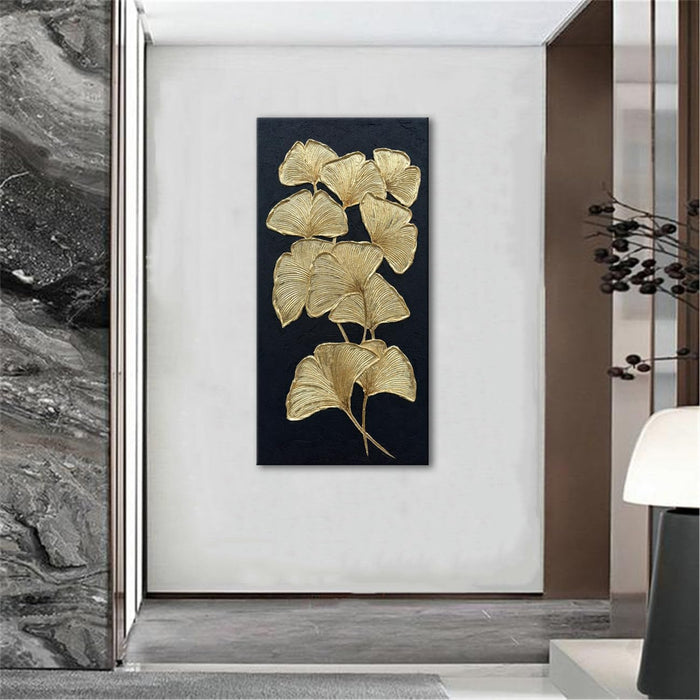 Large Gold Gingko Paintings Vertical Textured Wall Art, Gold and Black 3D Abstract Oil Painting on Canvas Wall Art Ready to Hang
