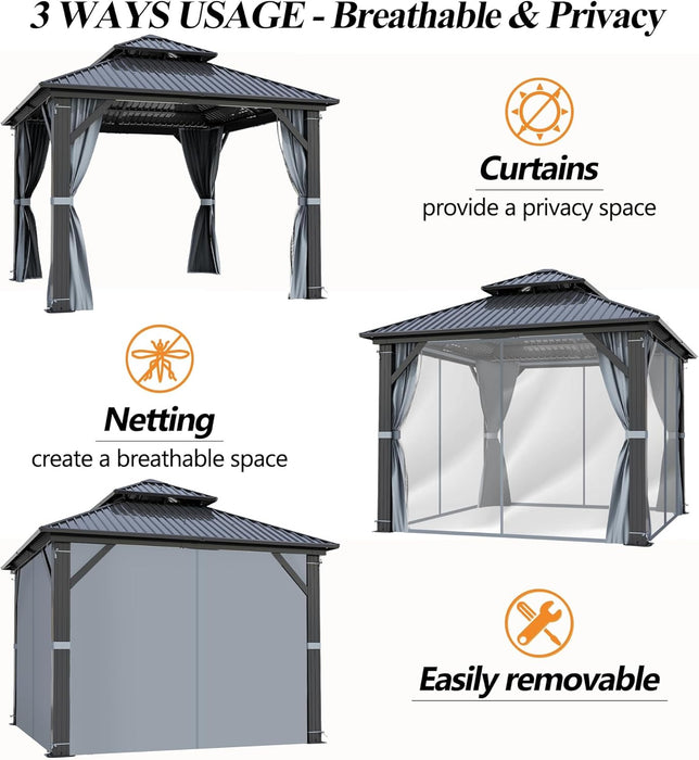 9.5X9.5Ft Outdoor Hardtop Gazebo with Double Roof - Aluminum Heavy-Duty Steel Top Gazebo with Breathable Netting & Privacy Curtain for Patio, Porch, Garden, Lawn, Deck, Backyard