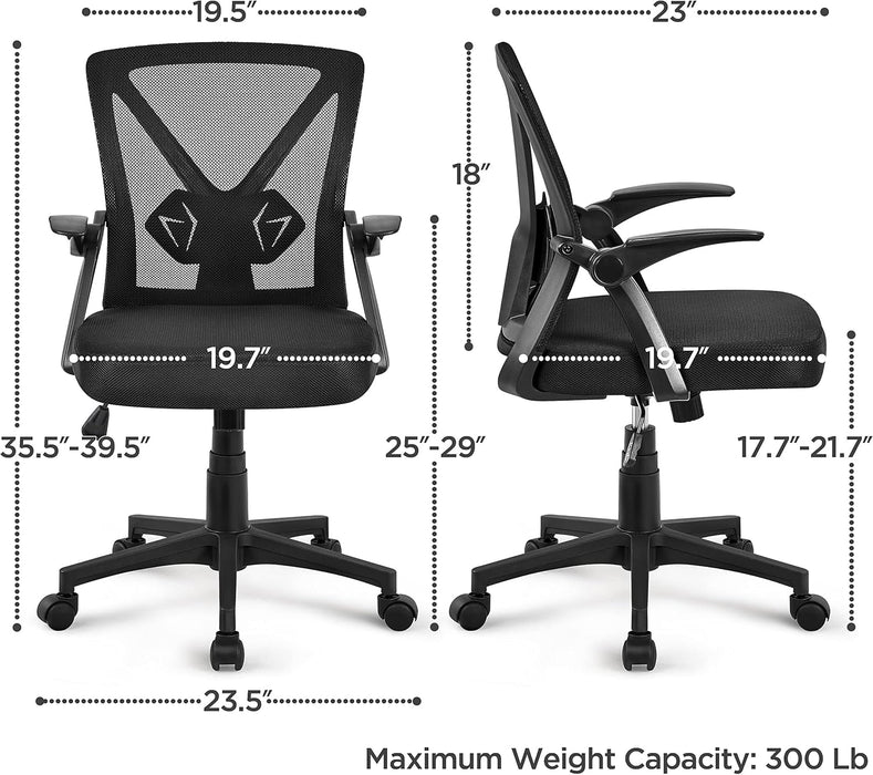 Home Office Chair Work Desk Chair Swivel Computer Mesh Chair with Flip-Up Arms Adjustable Height Lumbar Support Executive Office Task Chair for Home Office Students Study, Black