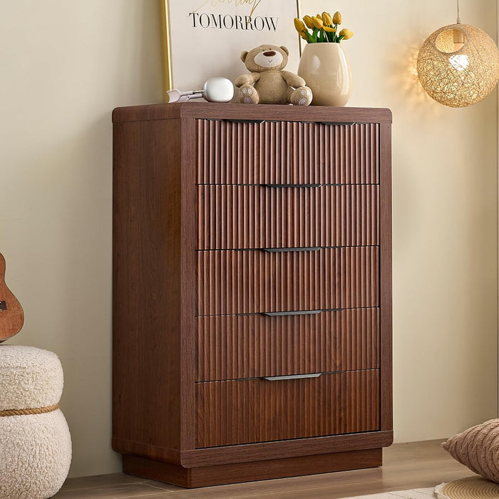 Walnut Dresser with 6 Drawers, 44.4" Tall Modern Chest of Drawers with Thickened Curved Profile Design, Wooden Dresser Organizer for Bedroom, Living Room, Hallway