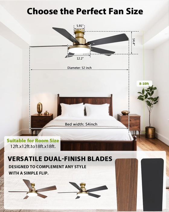 52 Inch Low Profile Gold Ceiling Fan with Lights, Modern Black and Gold Ceiling Fans with Remote/App for Indoor Bedroom, Flush Mount, 12.2'' Large 3CCT LED Light Panel, 6-Speed Quiet DC Motor