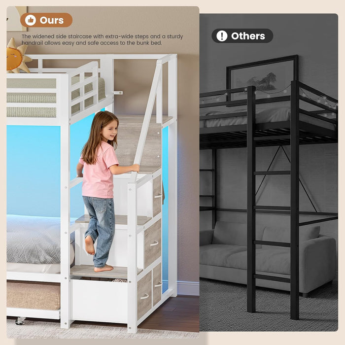 White Twin Over Twin Metal Bunk Bed Frame Trundle