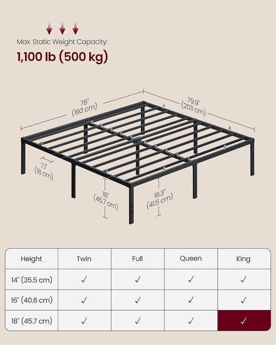 King Metal Bed Frame, 18 Inches Tall, 1100 Lb Weight Capacity