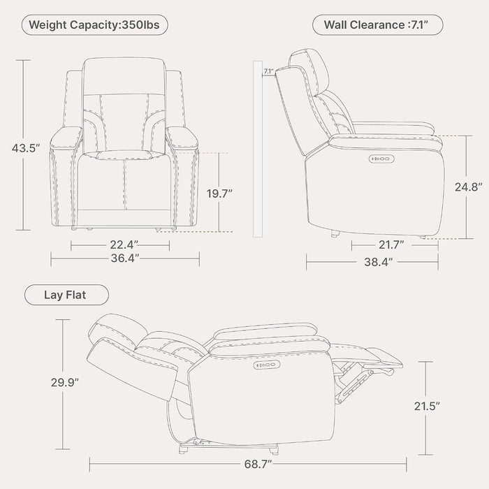 Power Recliner Lay Flat with Headrest, Leather Dark Brown
