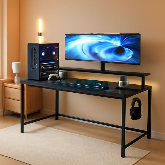 59 Inch Gaming Desk with USB Charging Ports & LED Light- Reversible Computer Desk with Storage Shelves & Monitor Stand, Modern Gamer Desk Table with Fabric Drawers & Side Hook, Carbon Fiber Black