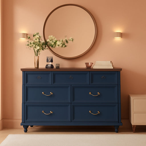 Farmhouse 54" 7 Drawers Dresser for Bedroom, Wide Chest of Drawers W/ 4 Wooden Legs, Vintage Rustic Large Closet Storage Dressers Organizer for Hallway, Wood TV Stand for Living Room, Blue