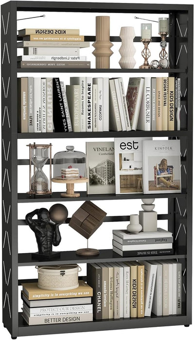 5-Tier Tall Book Shelf, Metal Bookcase with Adjustable Shelves | Metal Bookshelf,Bookend,Anti-Tip,Leveling Feet,,Display Storage Shelves for Bedroom/Office,Rust-Resistant,Easy Assembly Black