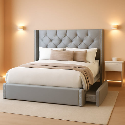 Queen Size Bed Frame Upholstered Platform Bed with 4 Storage Drawers and Tufted Headboard Velvet Bed Frame with Heavy Duty Wood Slats, No Box Spring Needed, Easy Assembly, Bluish Grey