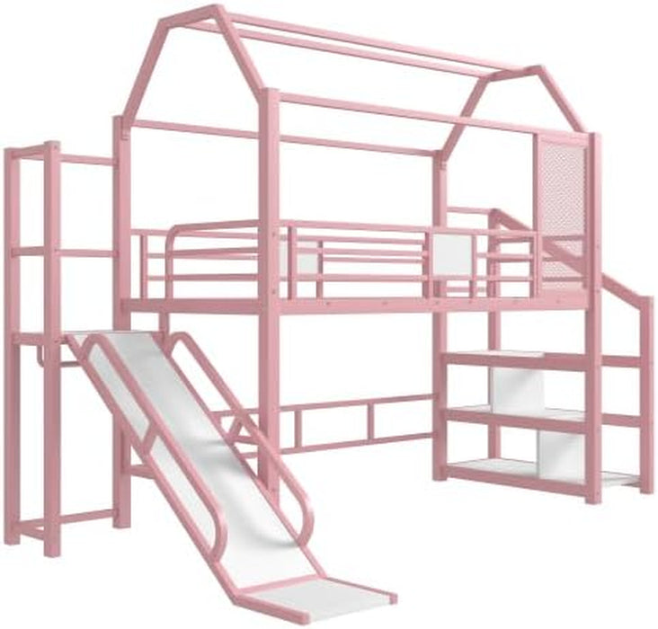 Twin Size Metal Loft Bed With UnderbedStorageShelves