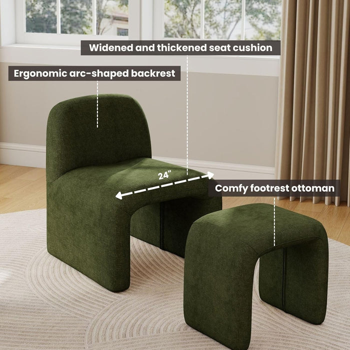 Green Chenille Upholstered Accent Chair with Ottoman Set, Modern Armless Chair Side Chairs for Living Room, Bedroom, Small Space, Reception Room, No Assembly Required