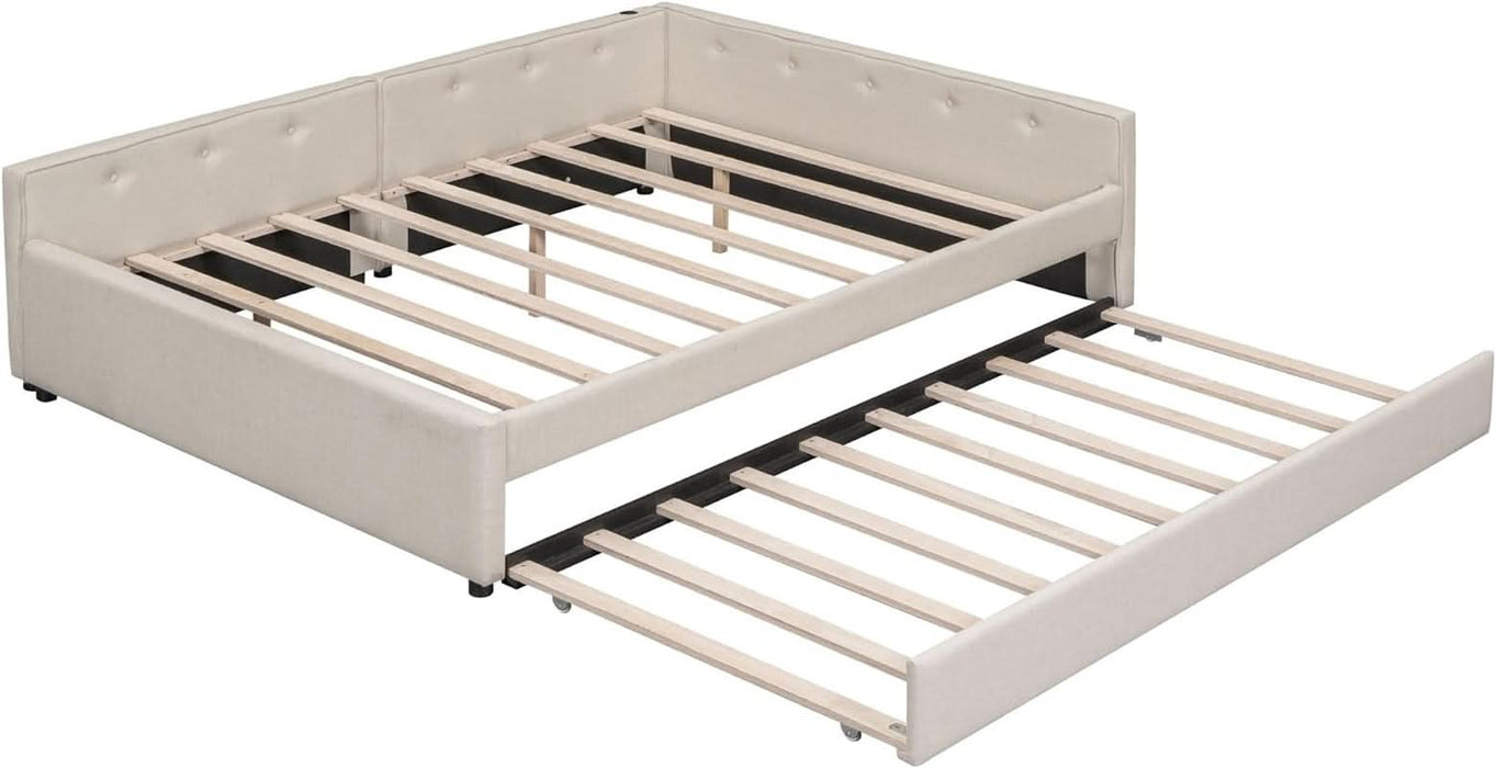 Queen Linen Upholstered Platform USB Ports and Twin Size Trundle,Modern Wooden Bed Frame W/Wood Slats Support,No Box Spring Required,For Dormitory,Apartment,Beige
