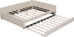 Queen Linen Upholstered Platform USB Ports and Twin Size Trundle,Modern Wooden Bed Frame W/Wood Slats Support,No Box Spring Required,For Dormitory,Apartment,Beige