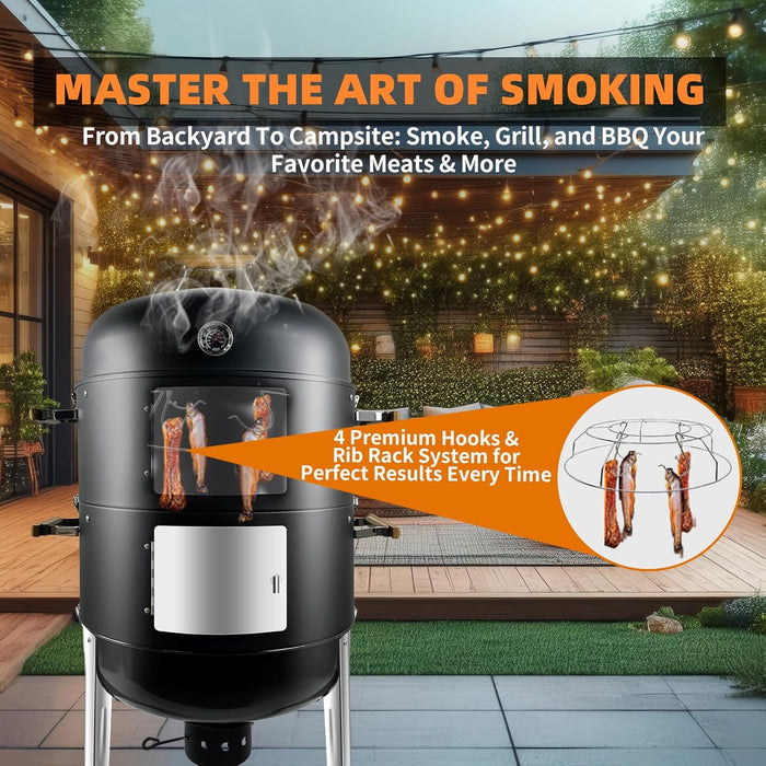 Vertical Charcoal Smoker Grills: Premium 20.5 Inch BBQ Meat Smokers - Barbecue Charcoal Grill Smoker Combo for Outdoor Cooking Patio Backyard Picnic Party Grilling