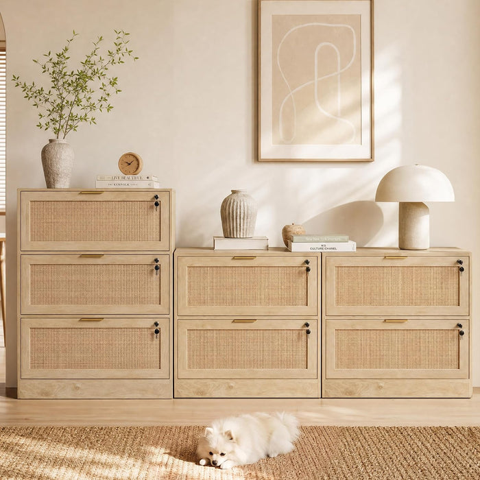 Extra Large 3 Drawers Rattan File Cabinet with Lock