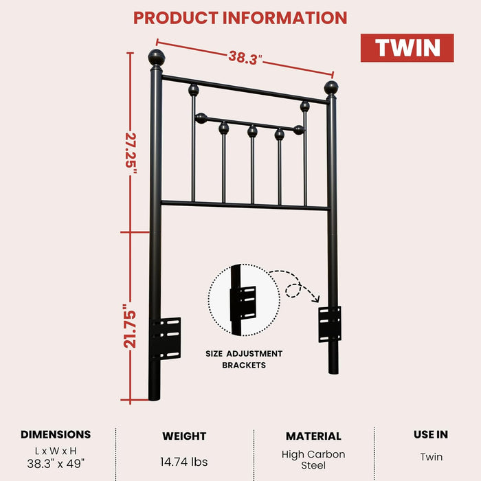 Victorian Twin Size Metal Bed Frame Height Adjustable Headboard Only, Wrought Iron Black Farmhouse Bed Frame Headboard, Easy Assembly, Short Clearance, Tall or Low Setting