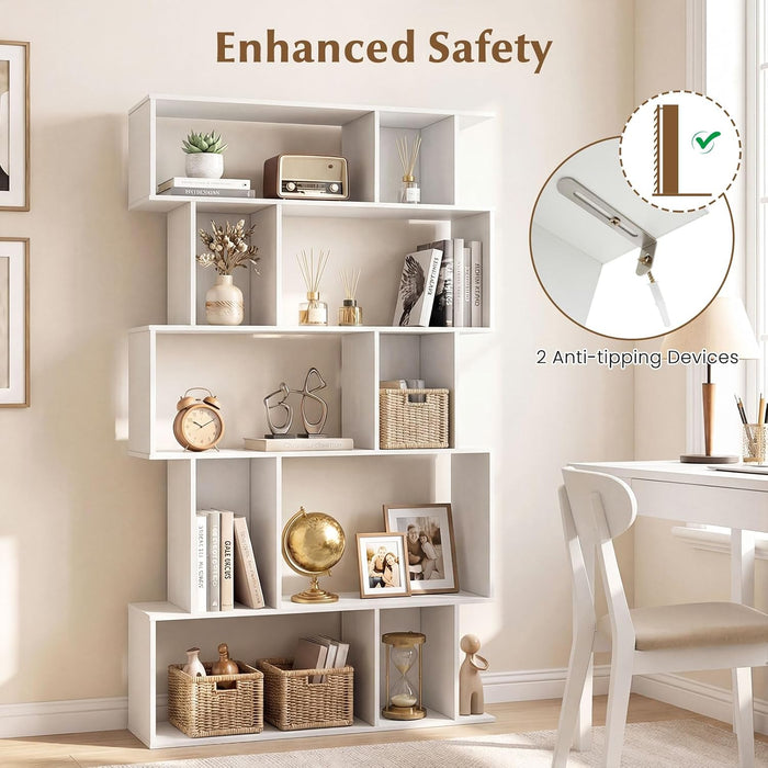 5-Tier Bookshelf, 10-Cube White Geometric Bookcase with 5 Closed-Back Cubbies, Anti-Toppling Kits, Open Display Storage Shelf for Living Room, Home Office, Bedroom
