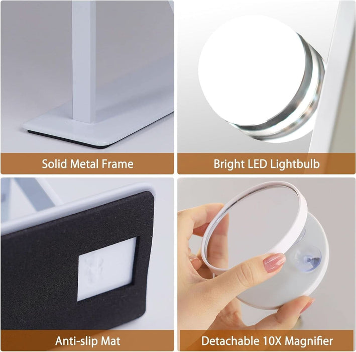 Vanity Mirror with Light Lighted Makeup Mirror Vanity Makeup Mirror Smart Touch Control 3Colors Dimable Light Detachable 10X Magnification 360°Rotation(White)