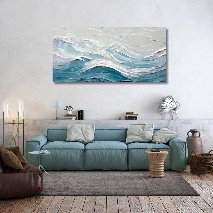 Abstract Wall Art for Living Room Blue and White Ocean Paintings Wall Decor Modern 3D Textured Canvas Wall Art Large Artwork for Living Room Bedroom Office 20"X40"