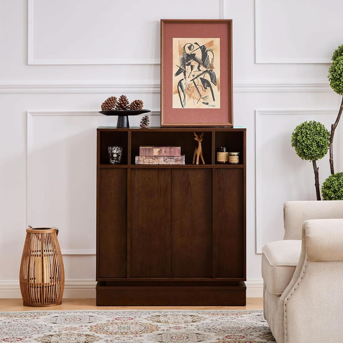 Wooden Sideboard Buffet Cabinet with Open Storage & Adjustable Shelves,Farmhouse Narrow Entryway Cabinet with Socket Hole & Anti‑Tip Kit,Slim Accent Cabinet for Small Spaces (Walnut 31.7")