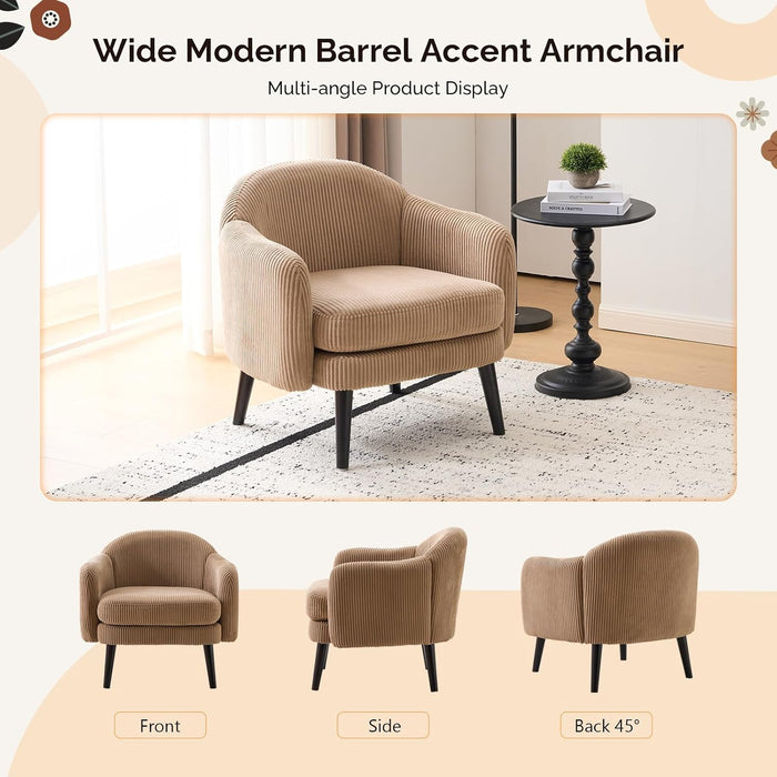 30.3" Wide Modern Barrel Accent Armchairs Set of 2 with Track Armrest, Solid Wooden Legs, Comfy Upholstered Club Chairs, Single Home Sofa for Living Room, Bedroom, Reading Room, Corduroy Khaki
