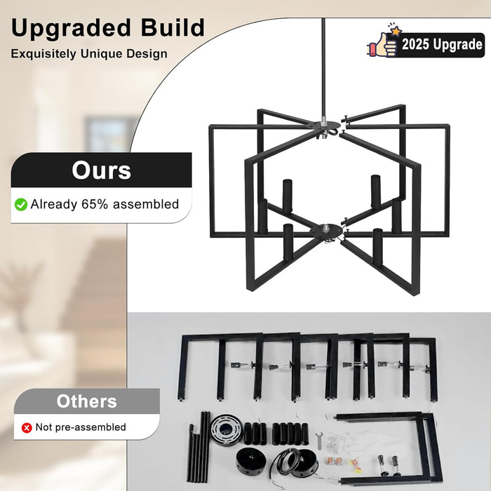 Black Farmhouse Chandelier, 6 Light Geometric Dining Room Light Fixture, Modern Industrial Metal Ceiling Light Rustic Hanging Pendant Lights with E12 Base for Kitchen Island Entryway Foyer, Indoor